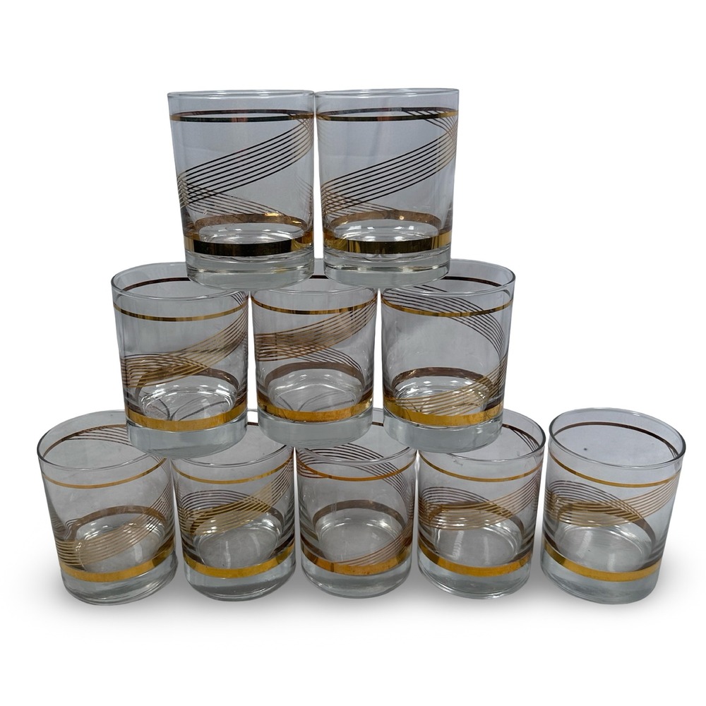 Vintage Libbey Lifestyles Gold Swirl Lowball Glass MCM 1960s Barware Lot of 10